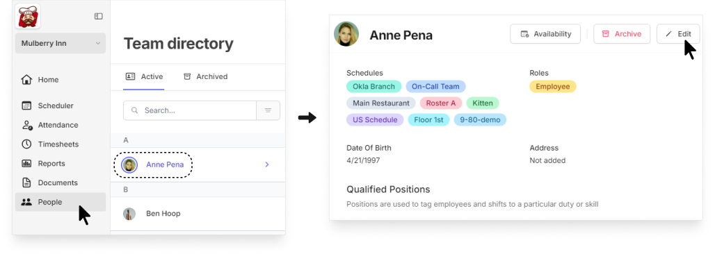 assign position to an employee on Camelo scheduling app