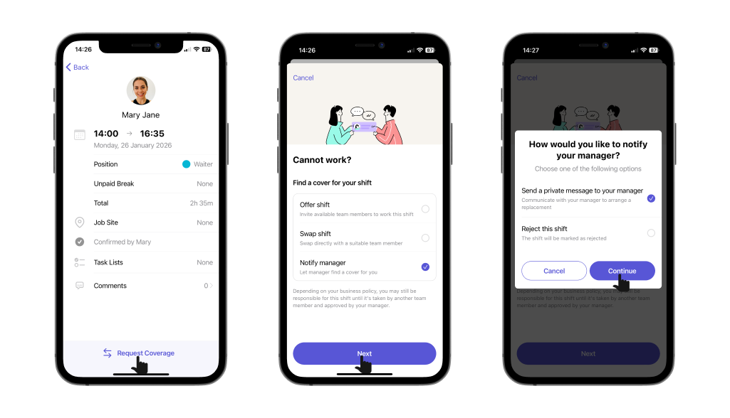 Notify manager for shift coverage on Camelo