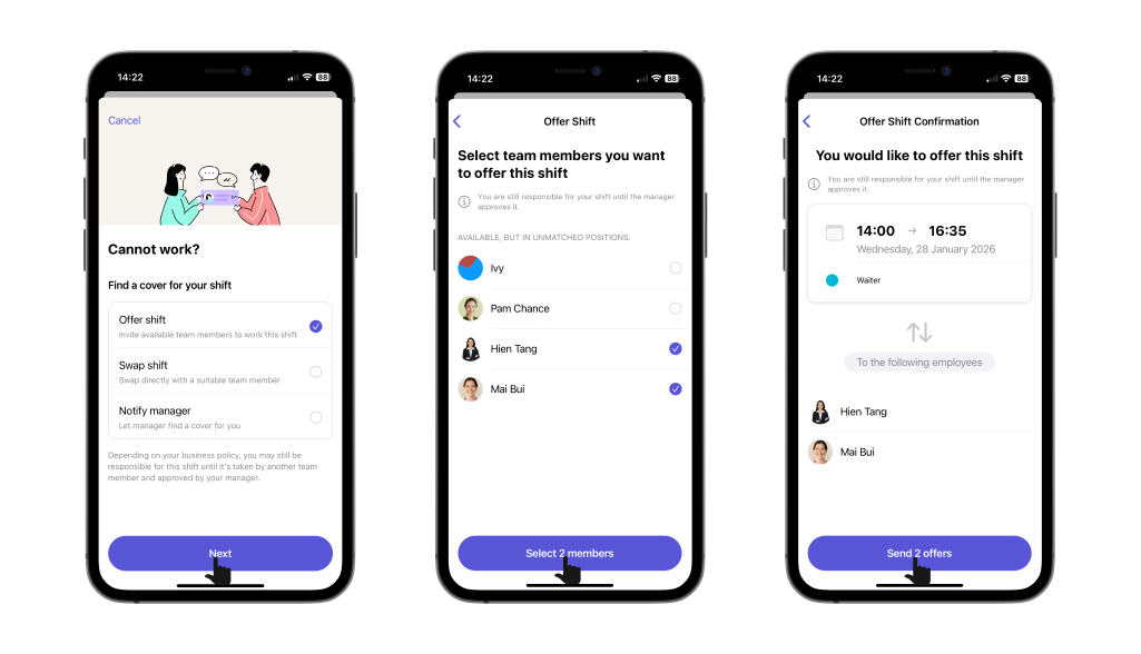 Send shift offer request on Camelo