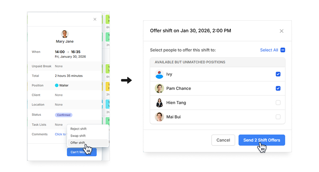 Send shift offer request on Camelo