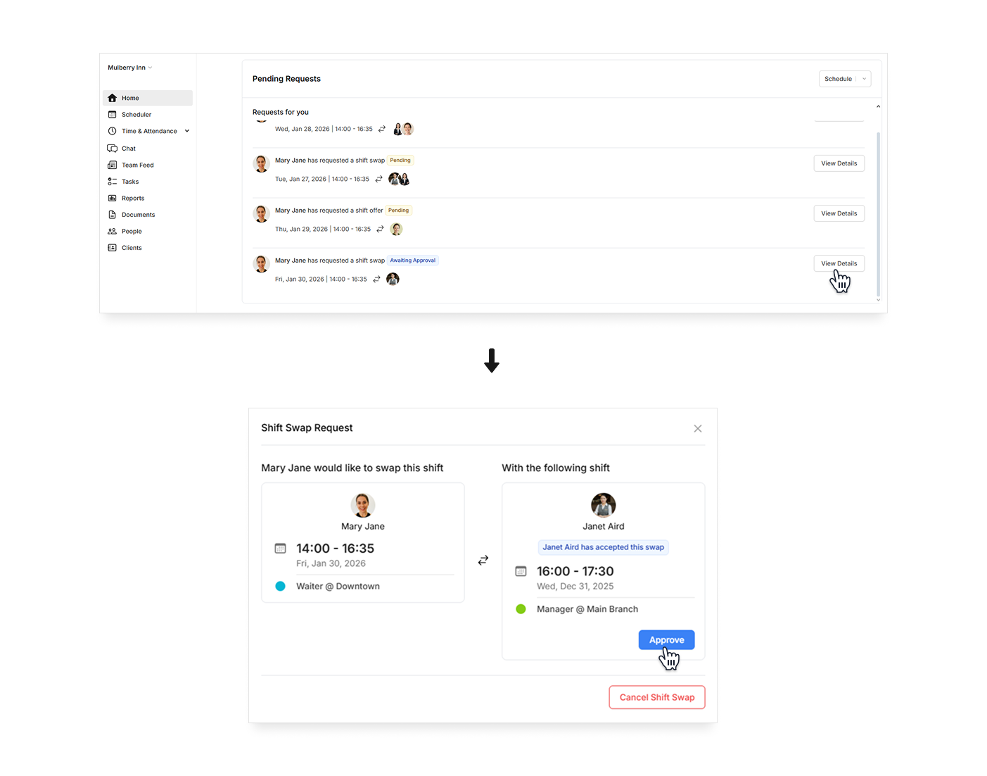 Process shift requests on Camelo