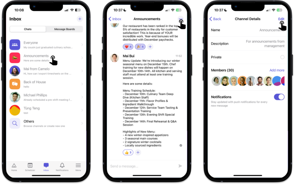 edit channel details on Camelo team messaging app