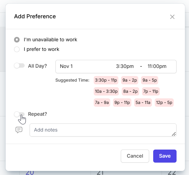 add recurring availability on Camelo work schedule maker app