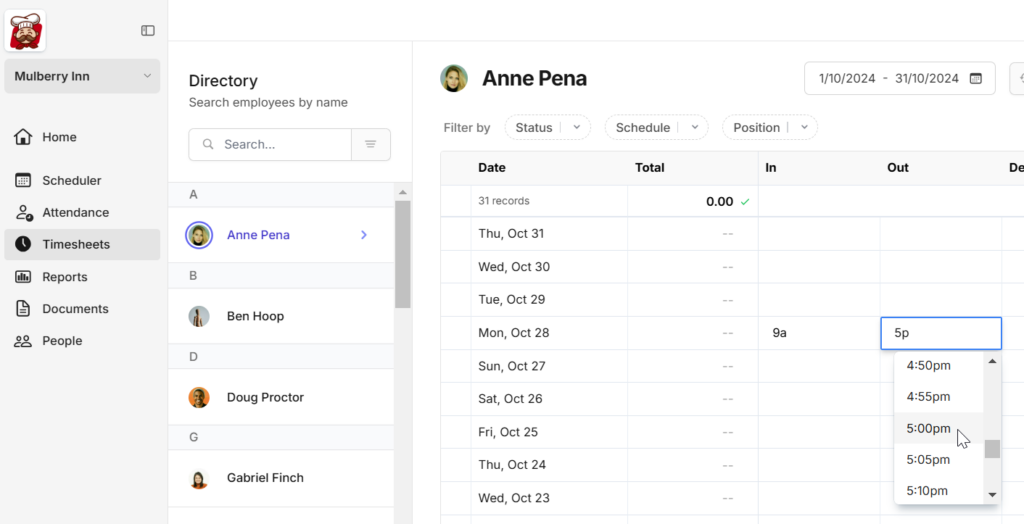 create timesheet entry on Camelo timesheets app