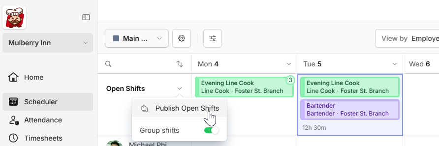 publish open shifts on Camelo employee scheduling app