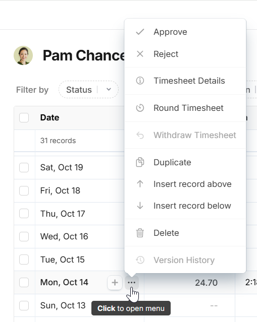 hover over timesheet entry to open timesheet options menu on Camelo timesheets app