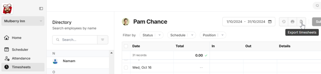 export timesheets on Camelo timesheets scheduling app