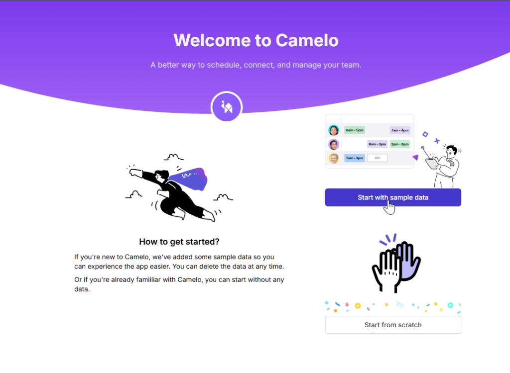 start with sample data on Camelo scheduling app