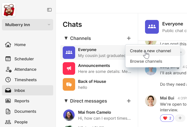 create a new chat channel on Camelo team chat app