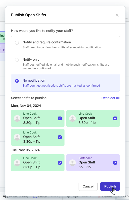 publish shift options on Camelo employee scheduling app