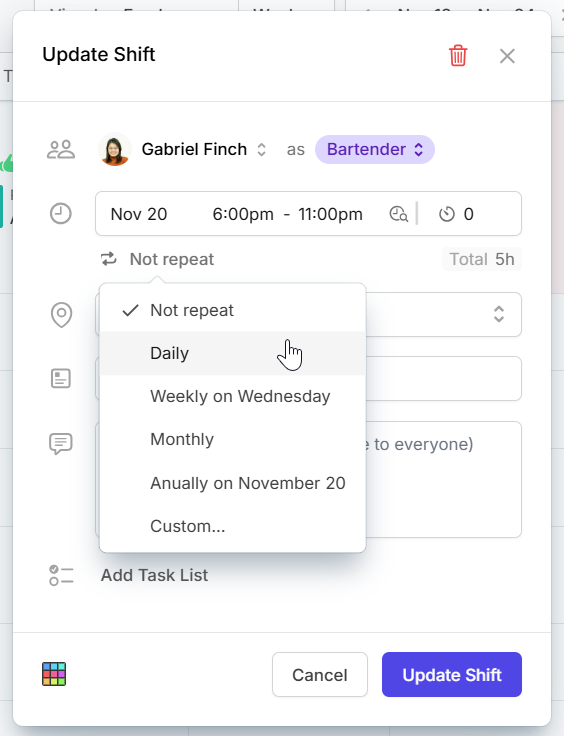 creating recurring shifts (repeat shifts) on Camelo scheduler app