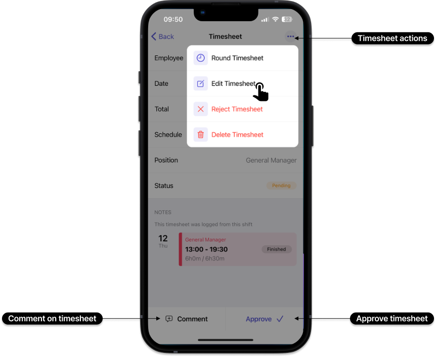 timesheet details actions on Camelo mobile timesheet app