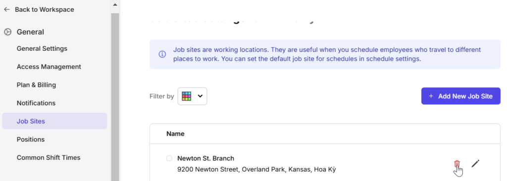 delete job site on Camelo scheduling app