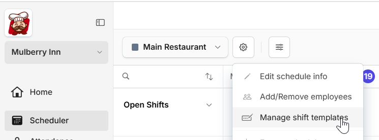 open shift templates settings on Camelo scheduling app