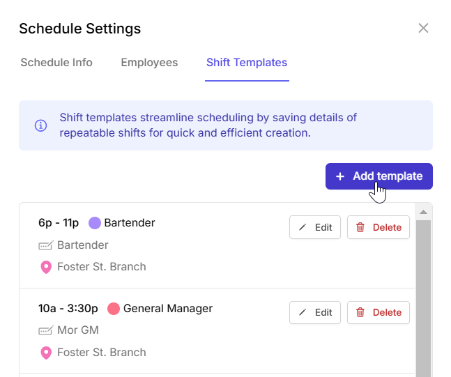 manage shift templates on Camelo scheduling app