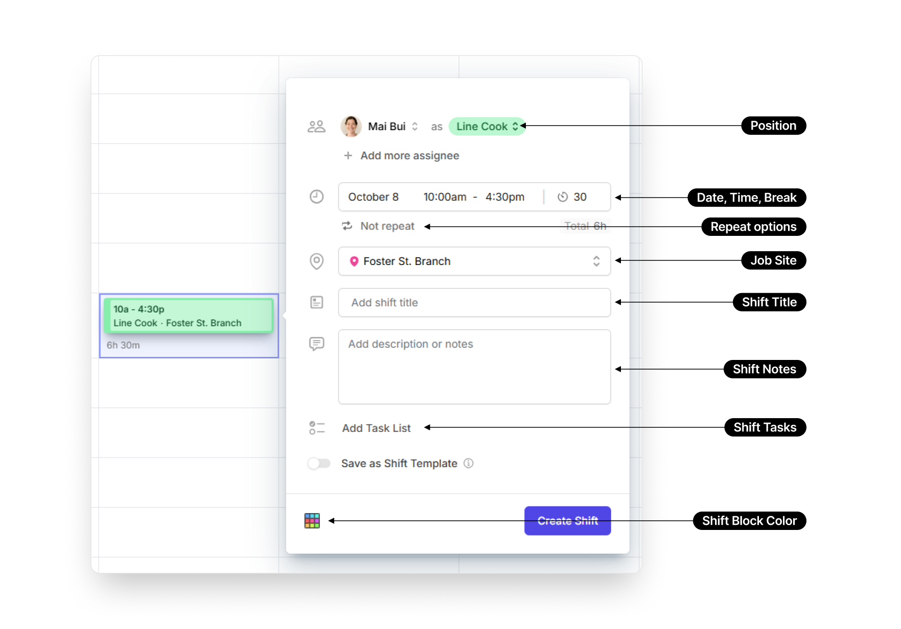 Shift details Camelo scheduler app