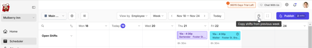 copy shifts from the previous week to the current week on Camelo scheduler