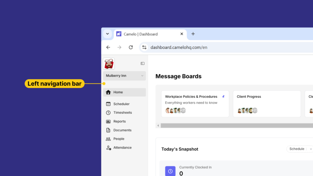Left navigation bar Camelo scheduling app