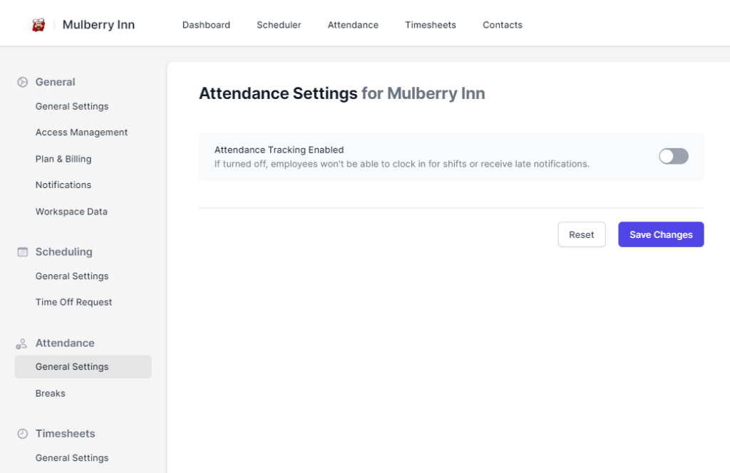 turn off attendance tracking features on Camelo scheduling app