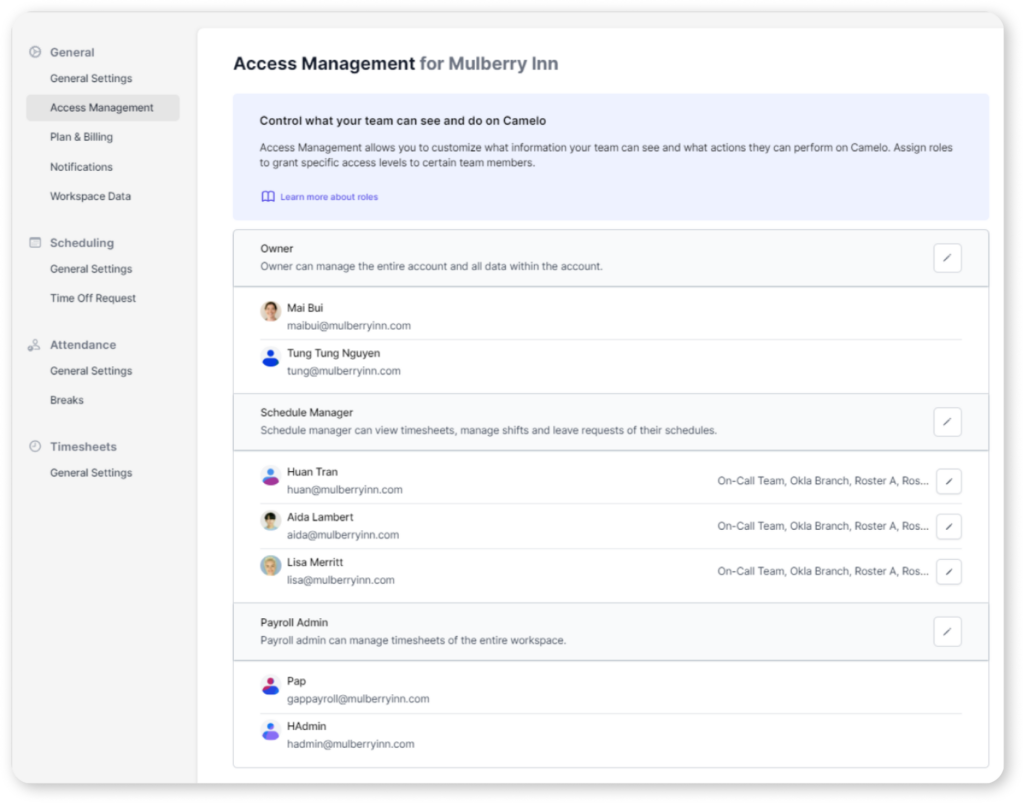 access management settings on Camelo employee scheduling app