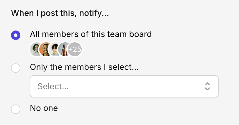 choose who to notify new post on team boards on Camelo team communication app