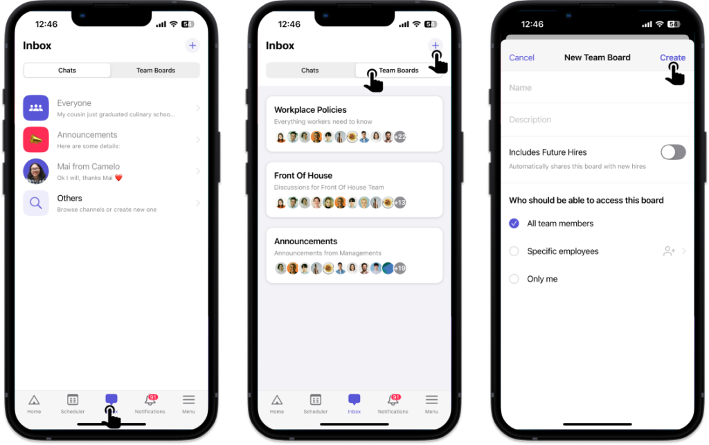 create team board on Camelo team communication app