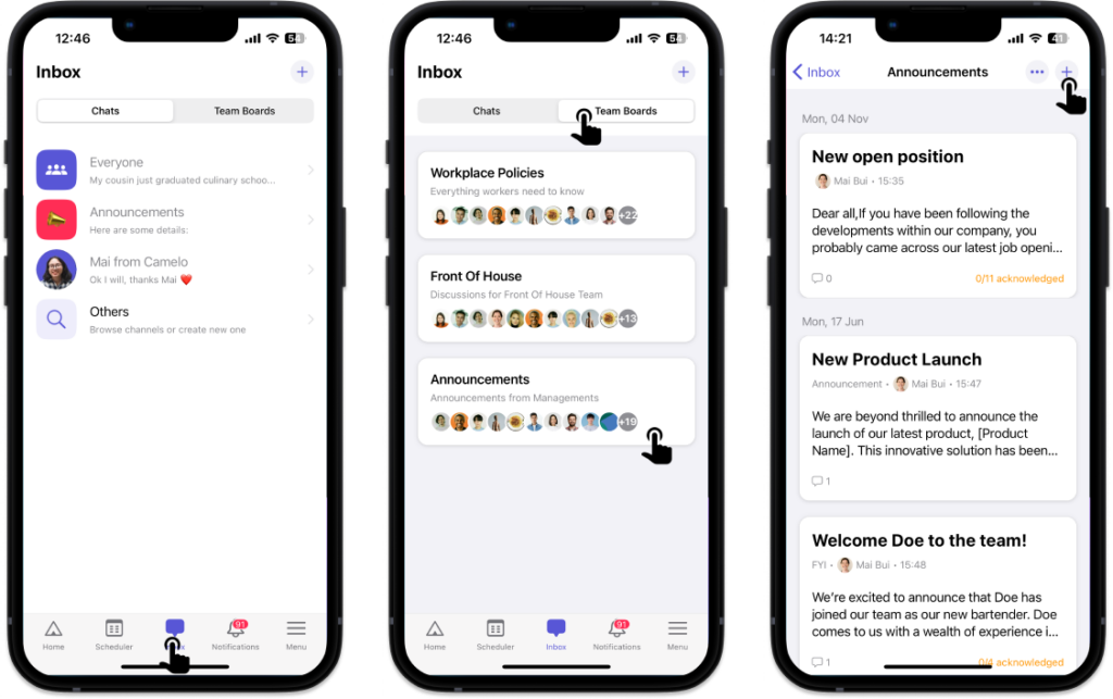 publish new post on team board on Camelo team communication app