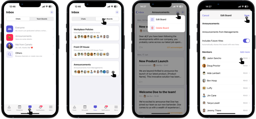 manage access permission of team board on Camelo team communication app