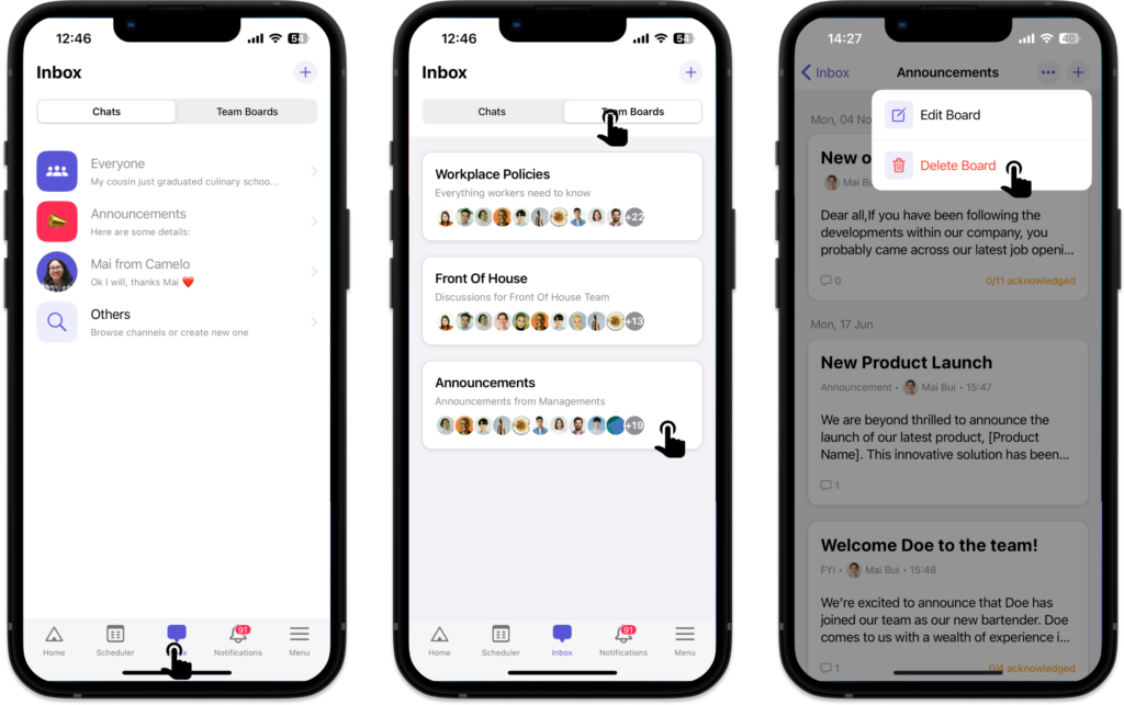 delete a team board on Camelo communication app