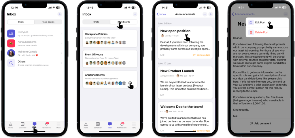 edit post on team boards on Camelo team communication app
