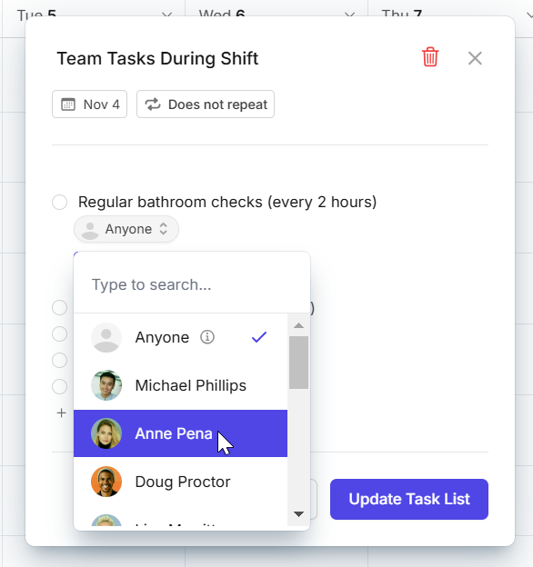 assign specific person team task list camelo scheduling app