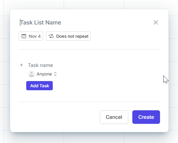 create team task list on Camelo