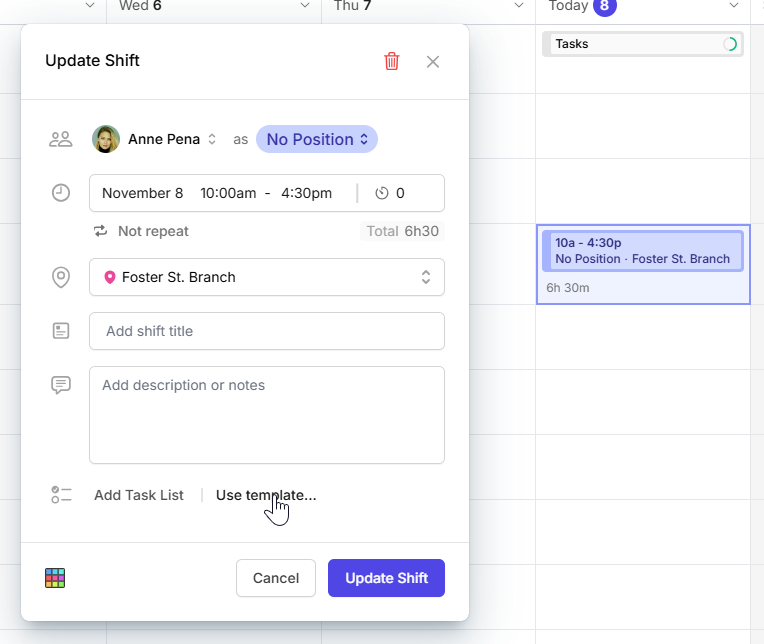 add shift task list template camelo 