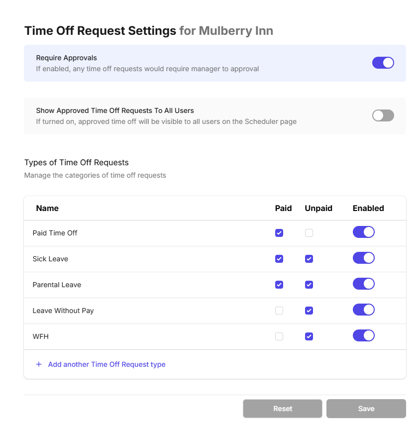 time off request settings on Camelo scheduling time attendance app