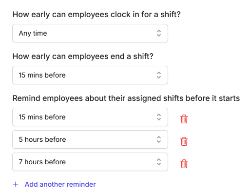 set up how early your team can clock in/out for shifts and reminders for upcoming shifts