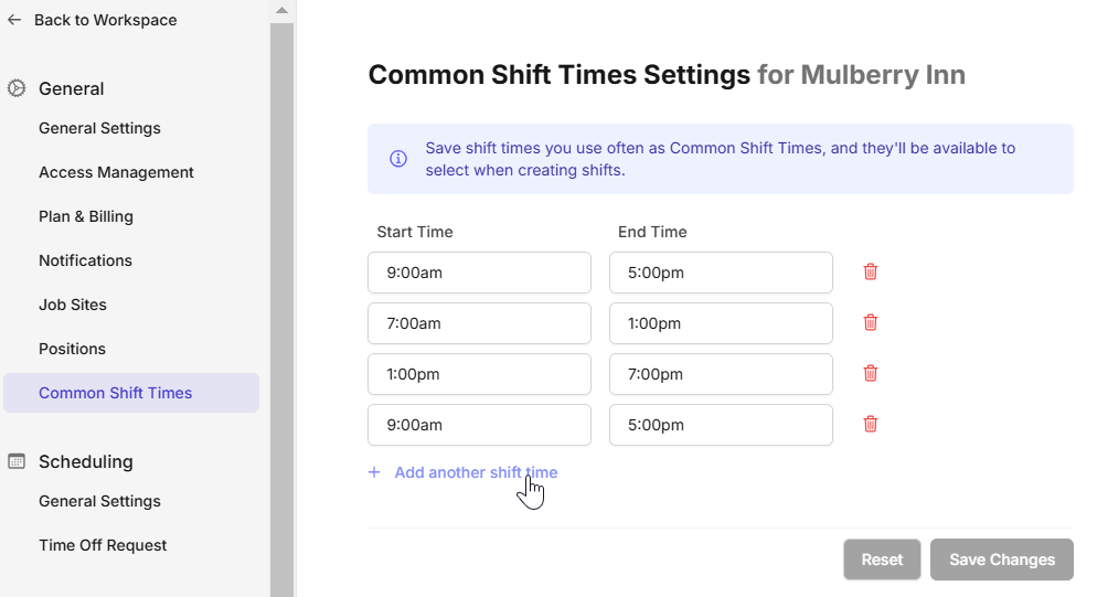 common shift times setting on Camelo employee scheduling app