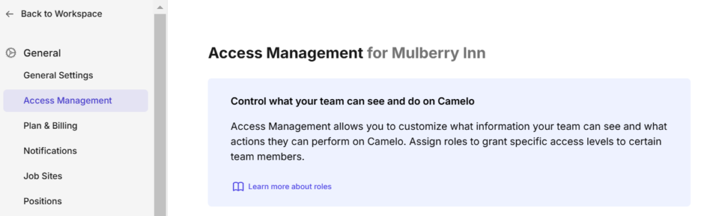 access management settings on Camelo employee scheduling app