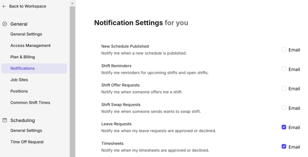 notification settings on Camelo scheduling app