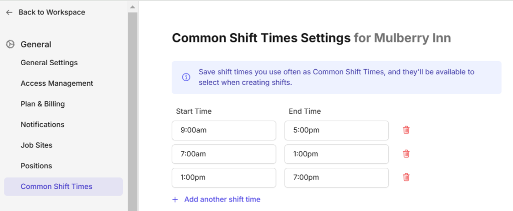 common shift times settings on Camelo scheduling app