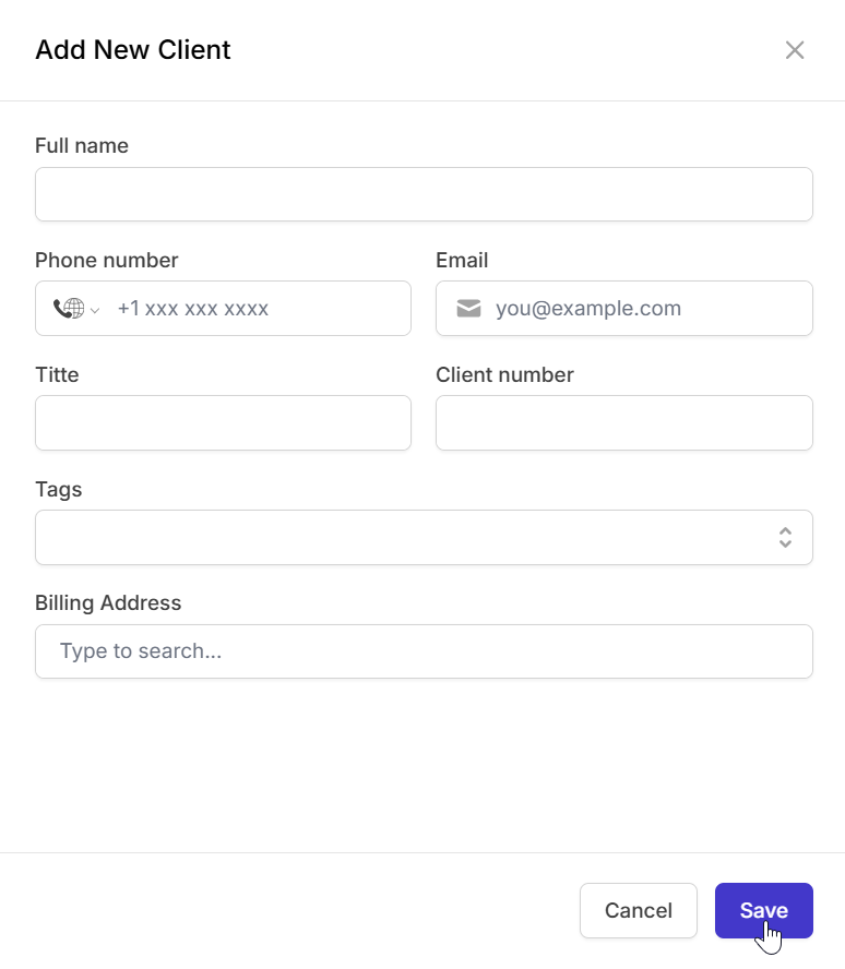 add new client form on Camelo CRM app