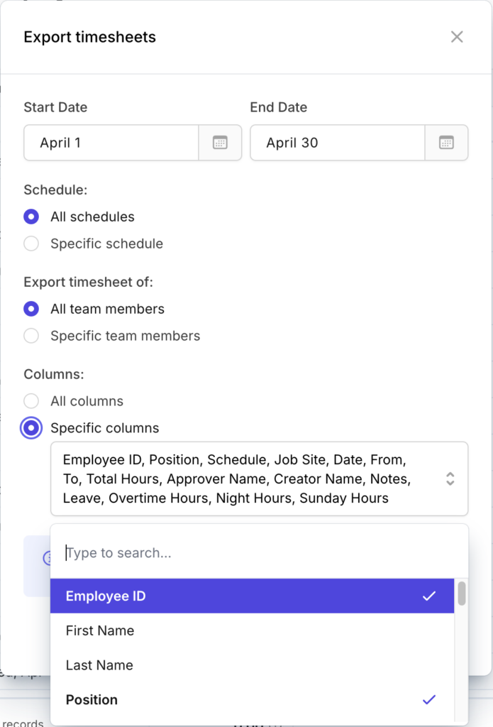 choose what data to export in timesheets on Camelo timesheets app