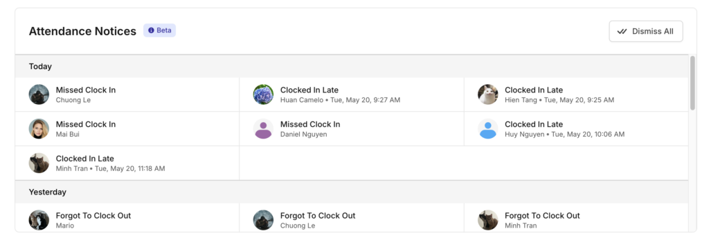attendance notices on Camelo time attendance app