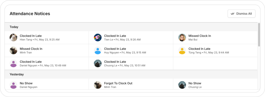 attendance notices on Camelo time attendance app