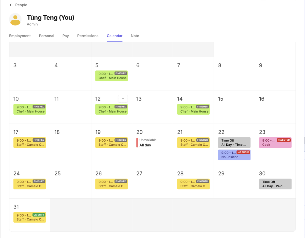 Calendar tab in Profile page on Camelo team management app