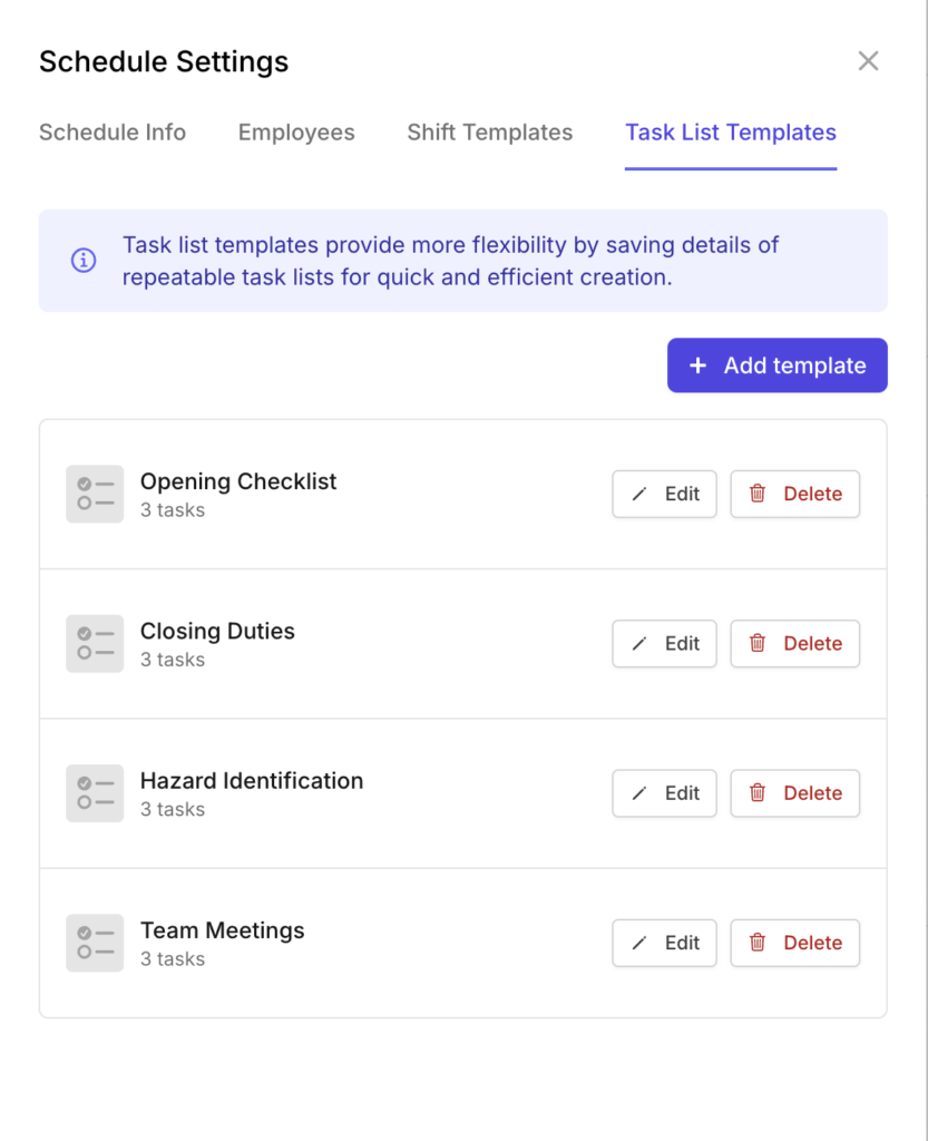 manage task list templates on Camelo task management app