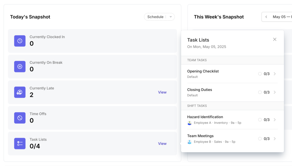 view task list in today's snapshot feature on Camelo task management app