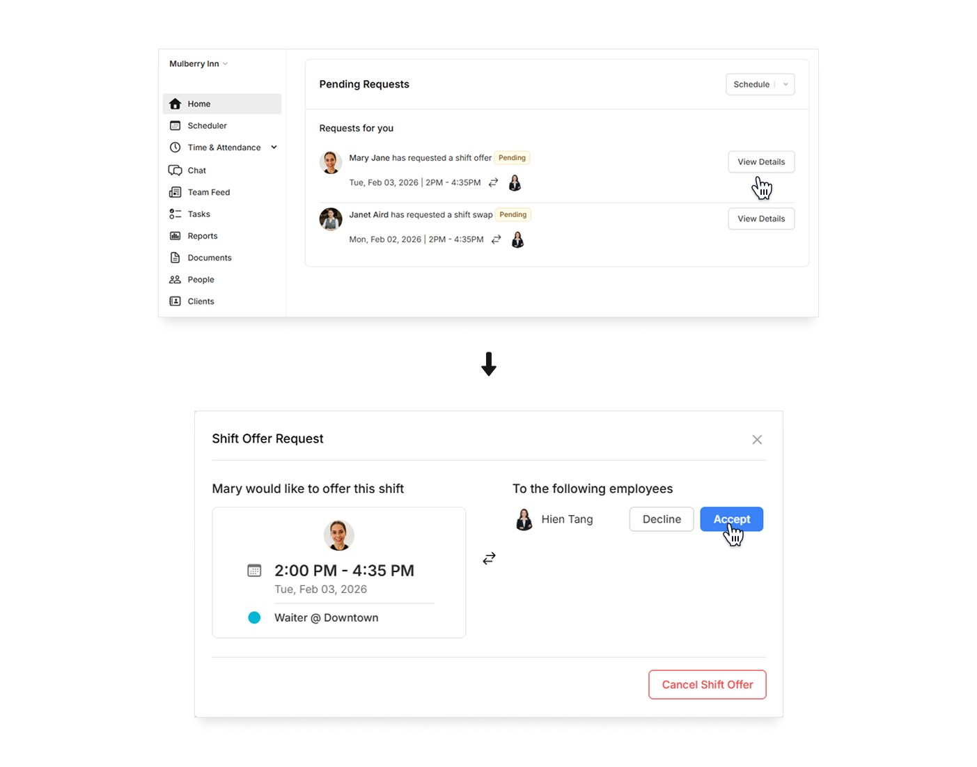 Process shift requests on Camelo