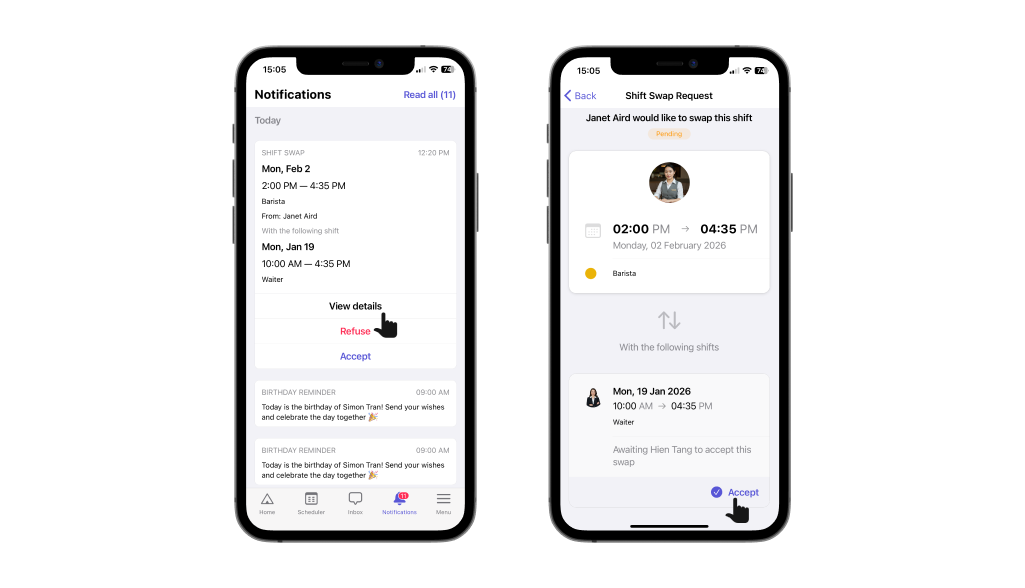 Process shift requests on Camelo