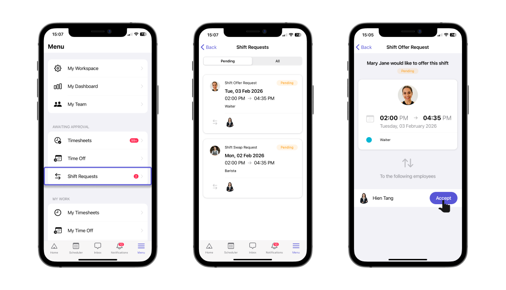 Process shift requests on Camelo
